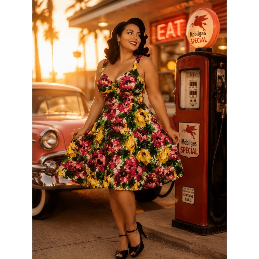 London Times Floral Fit Flare Dress Women 16 Pink Yellow Green Rockabilly Pinup